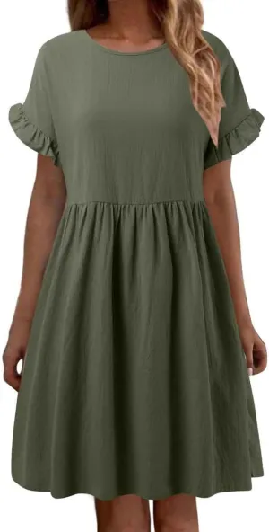 Summer Dresses for Women 2025 Ruffle Short Sleeve Round Neck Dresses Cotton Linen A-Line T-Shirt Loose Elegant Dress