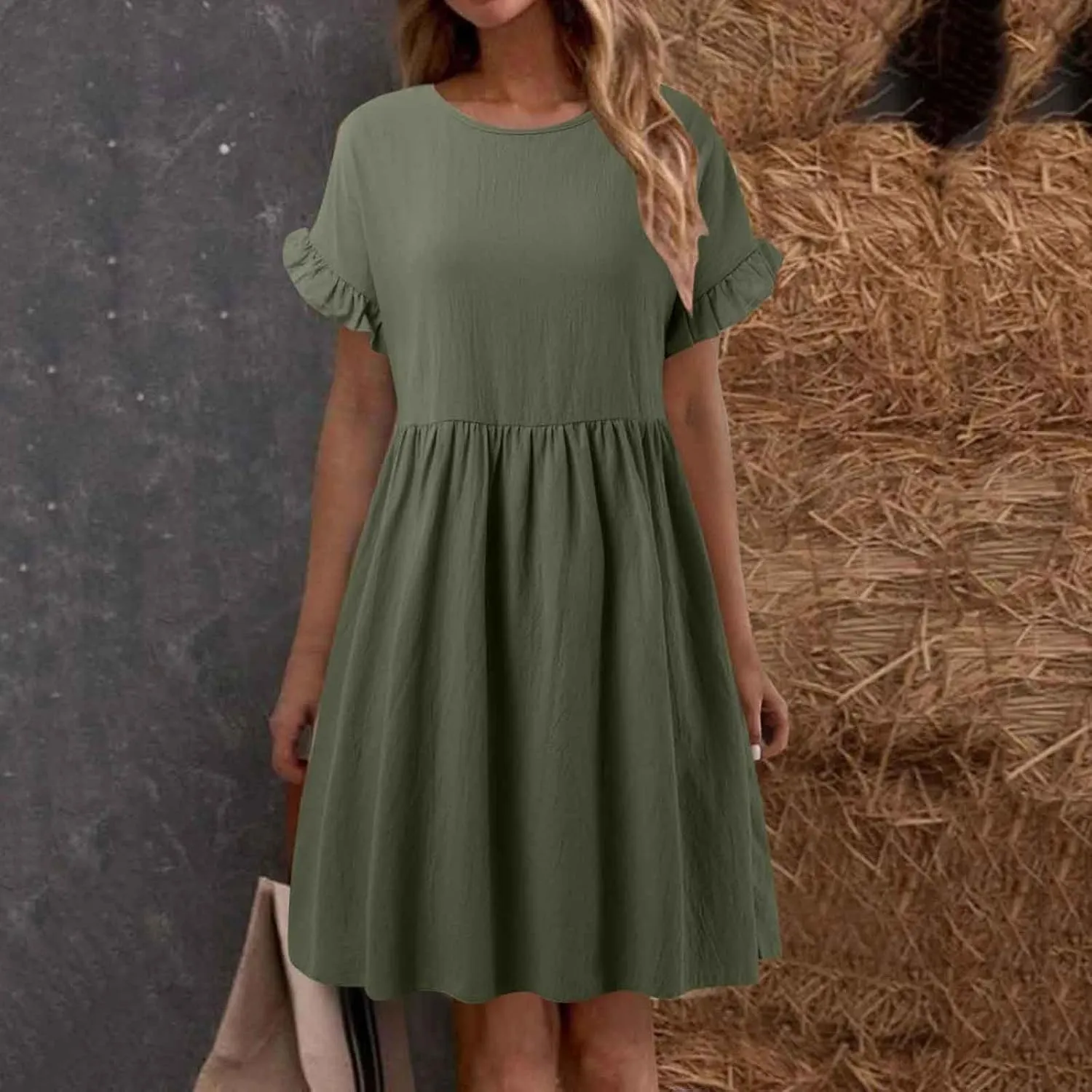 Summer Dresses for Women 2025 Ruffle Short Sleeve Round Neck Dresses Cotton Linen A-Line T-Shirt Loose Elegant Dress