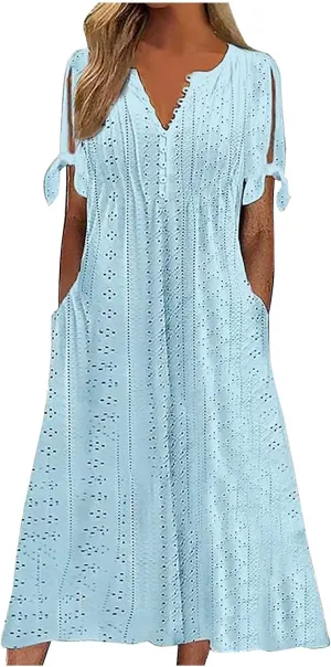 Summer Dresses for Women Casual V Neck Button Dress Short Sleeve Sundress Vacation Long Dresses with Pockets