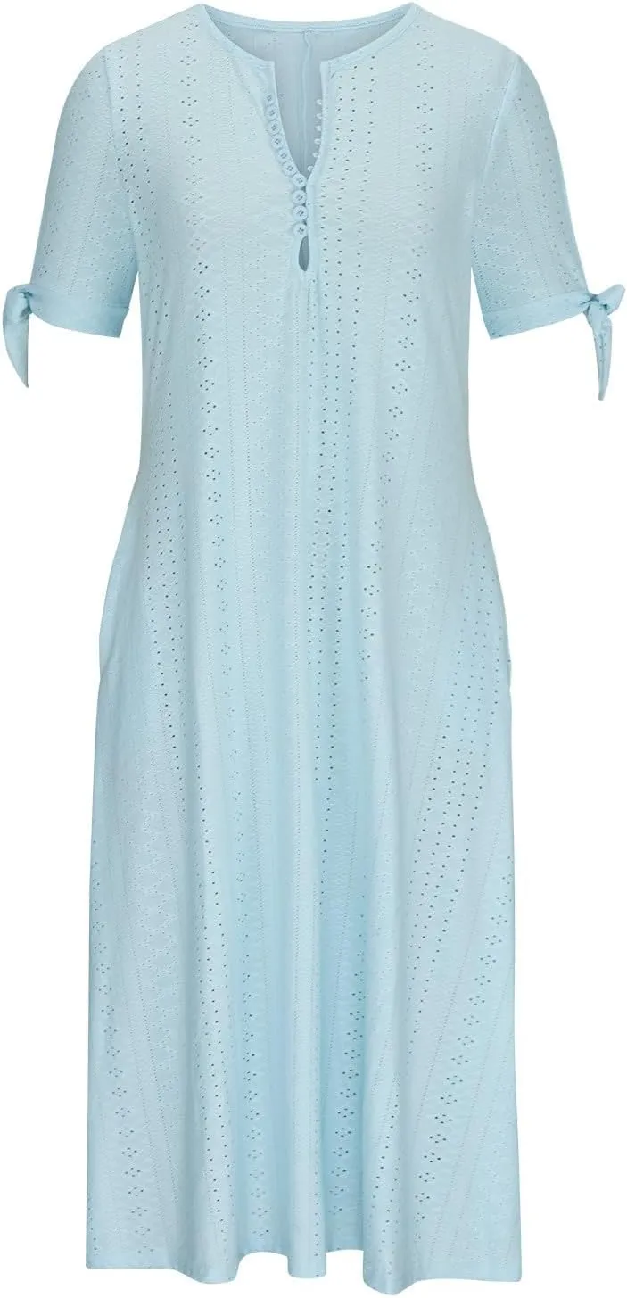 Summer Dresses for Women Casual V Neck Button Dress Short Sleeve Sundress Vacation Long Dresses with Pockets