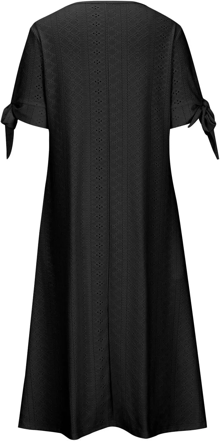 Summer Dresses for Women Casual V Neck Button Dress Short Sleeve Sundress Vacation Long Dresses with Pockets