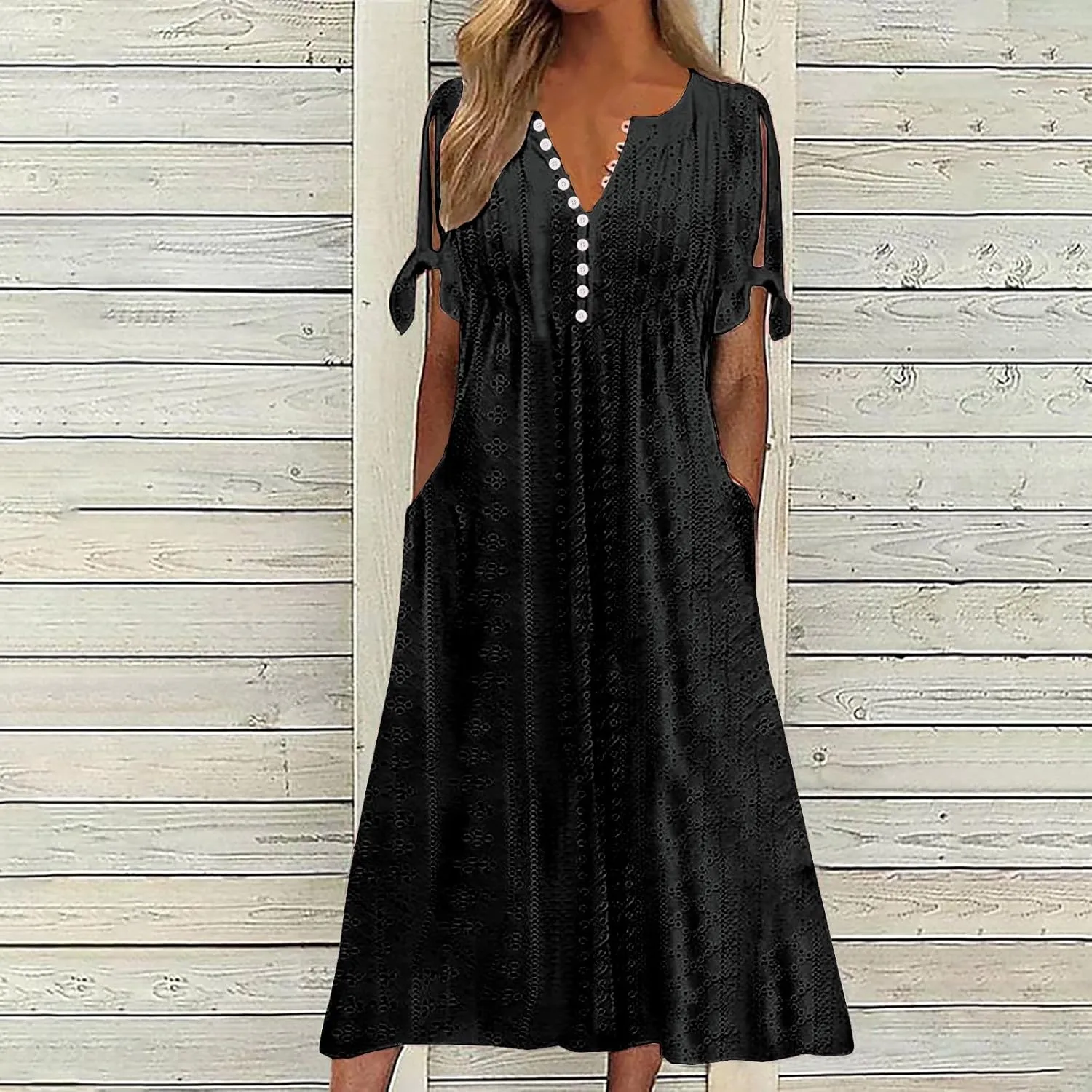 Summer Dresses for Women Casual V Neck Button Dress Short Sleeve Sundress Vacation Long Dresses with Pockets