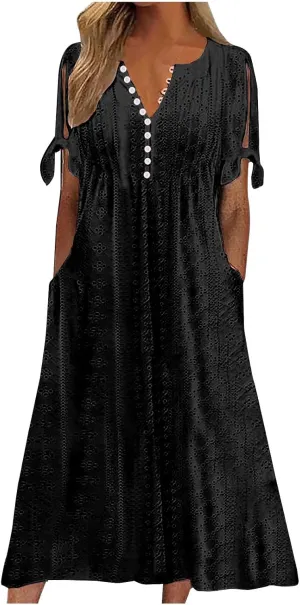 Summer Dresses for Women Casual V Neck Button Dress Short Sleeve Sundress Vacation Long Dresses with Pockets