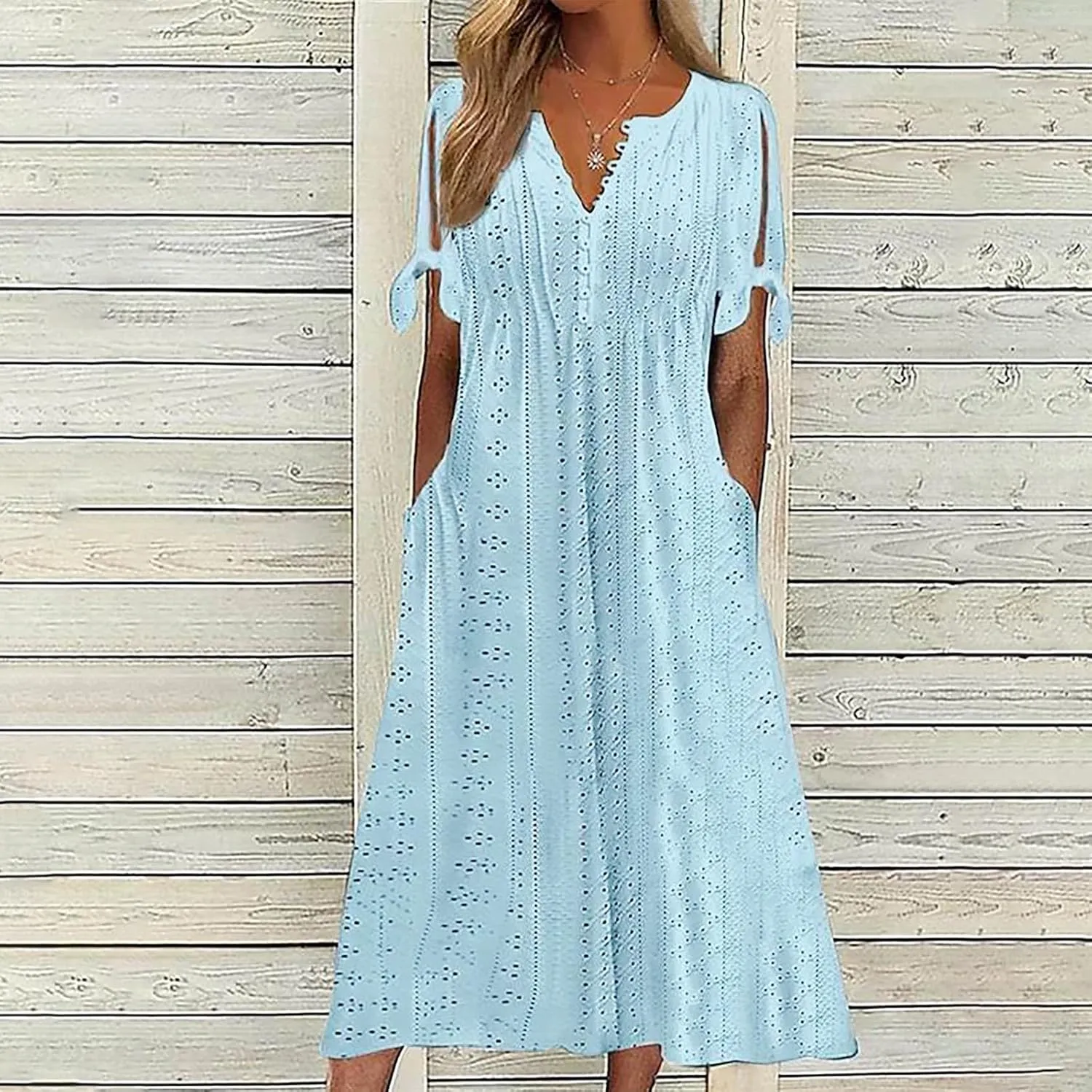 Summer Dresses for Women Casual V Neck Button Dress Short Sleeve Sundress Vacation Long Dresses with Pockets