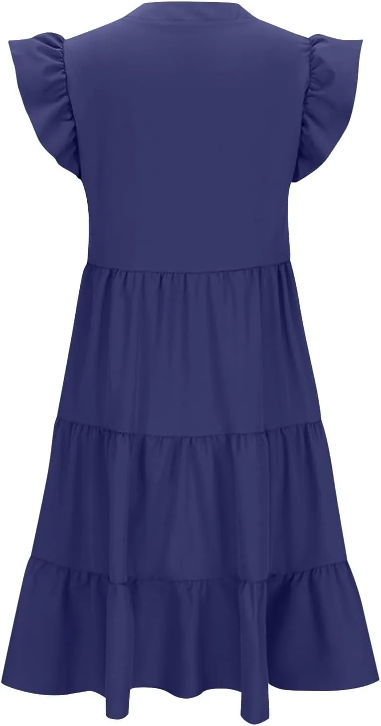 Summer Dresses for Women Ruffle Sleeve Midi Dress Boho V Neck Flowy Tiered Dress Flowy Vacation Sundress with Pockets