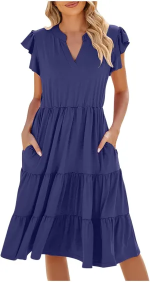 Summer Dresses for Women Ruffle Sleeve Midi Dress Boho V Neck Flowy Tiered Dress Flowy Vacation Sundress with Pockets