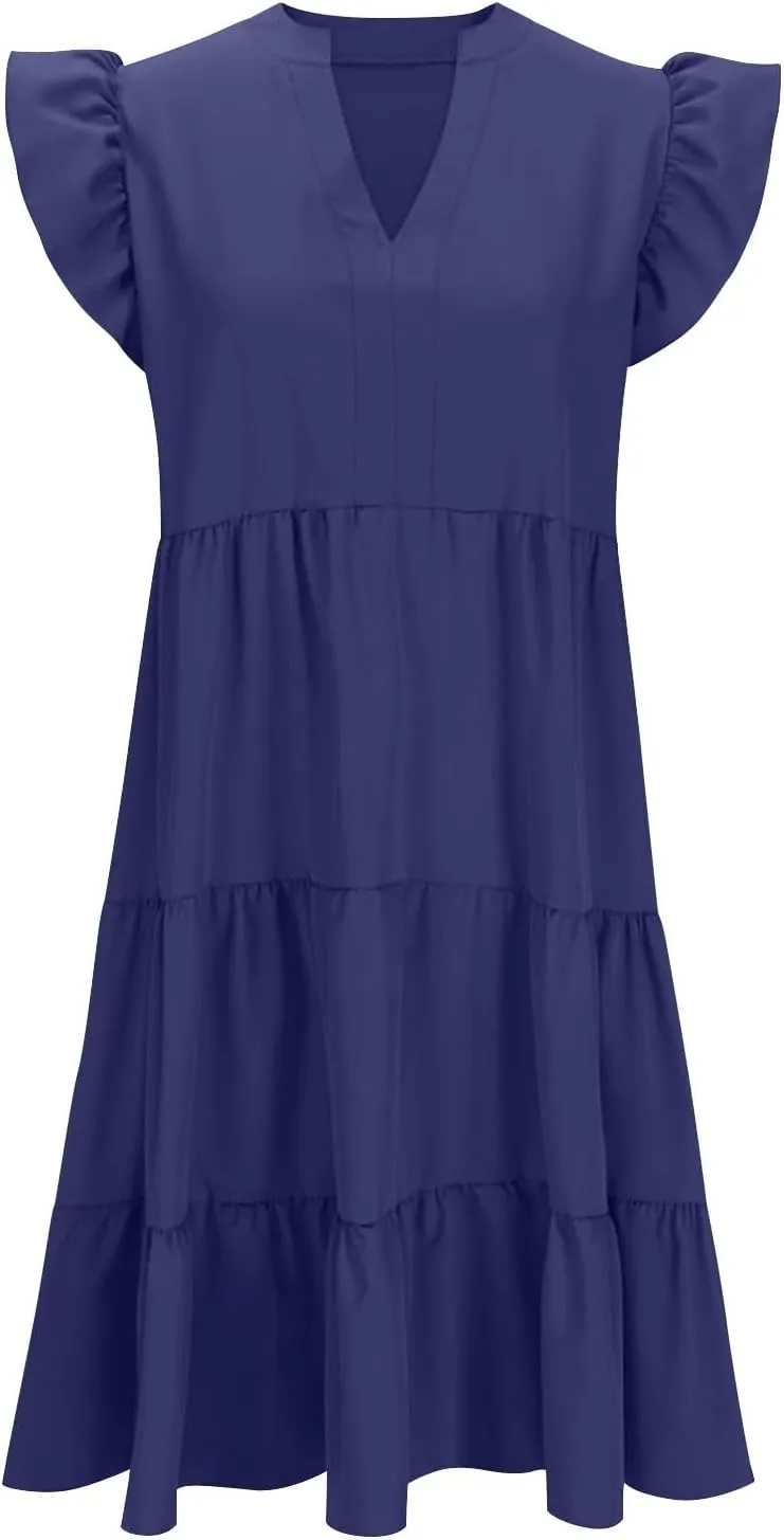 Summer Dresses for Women Ruffle Sleeve Midi Dress Boho V Neck Flowy Tiered Dress Flowy Vacation Sundress with Pockets