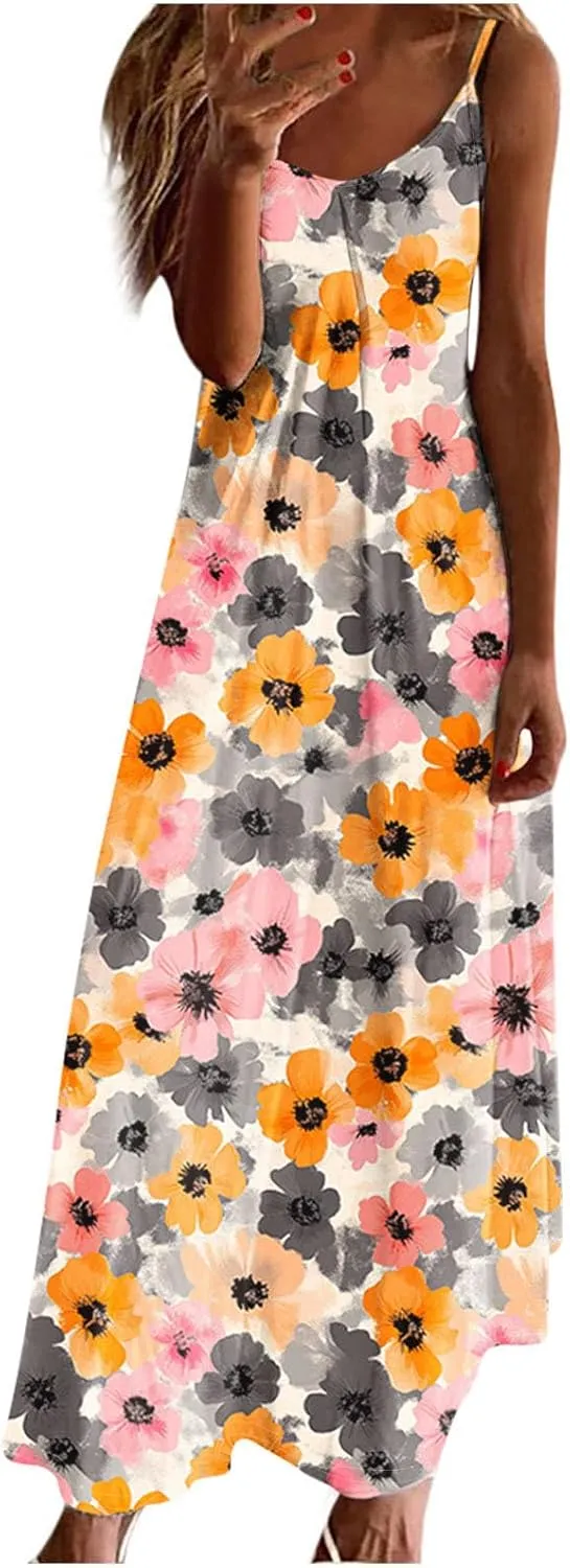 Summer Dresses for Women Sleeveless Maxi Dress Floral Print Casual Loose Fit Vacation Beach Holiday Outfits