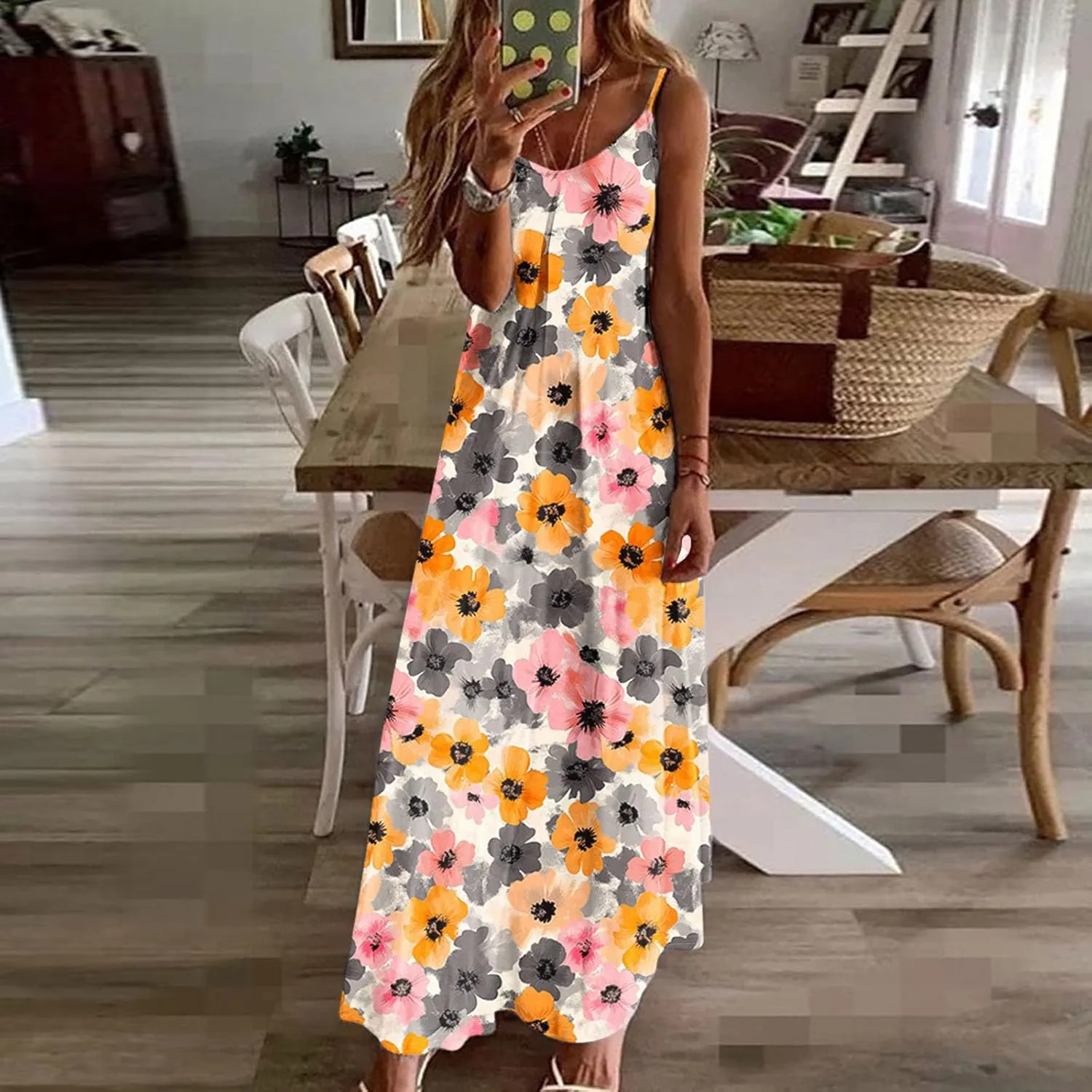 Summer Dresses for Women Sleeveless Maxi Dress Floral Print Casual Loose Fit Vacation Beach Holiday Outfits