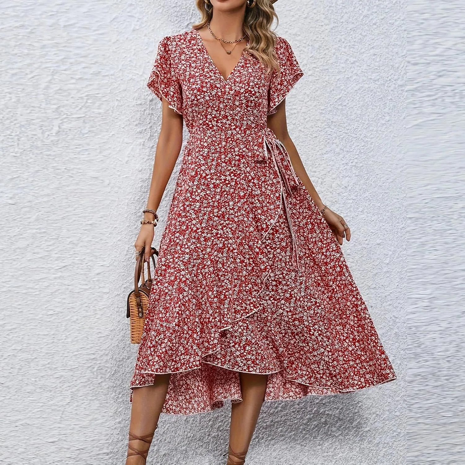 Summer Floral Dresses for Women 2025 Midi Wrap Dress V Neck Flutter Short Sleeve Tie Waist Ruffle Hem Beach Dresses