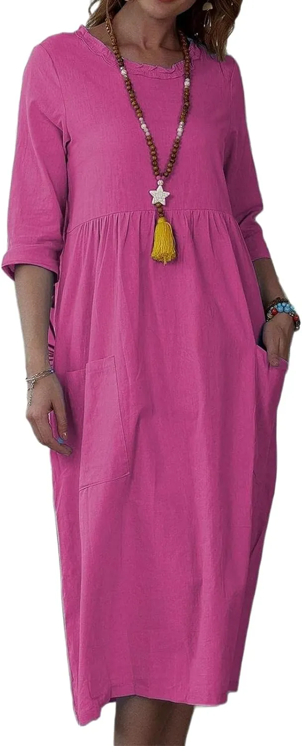 Summer Maxi Dresses for Women Casual Cotton Linen Long Dress Short Sleeve Loose Beach Sundress Tshirt Dress Pockets
