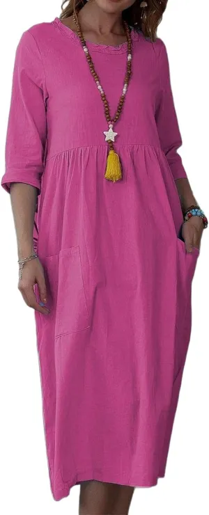 Summer Maxi Dresses for Women Casual Cotton Linen Long Dress Short Sleeve Loose Beach Sundress Tshirt Dress Pockets
