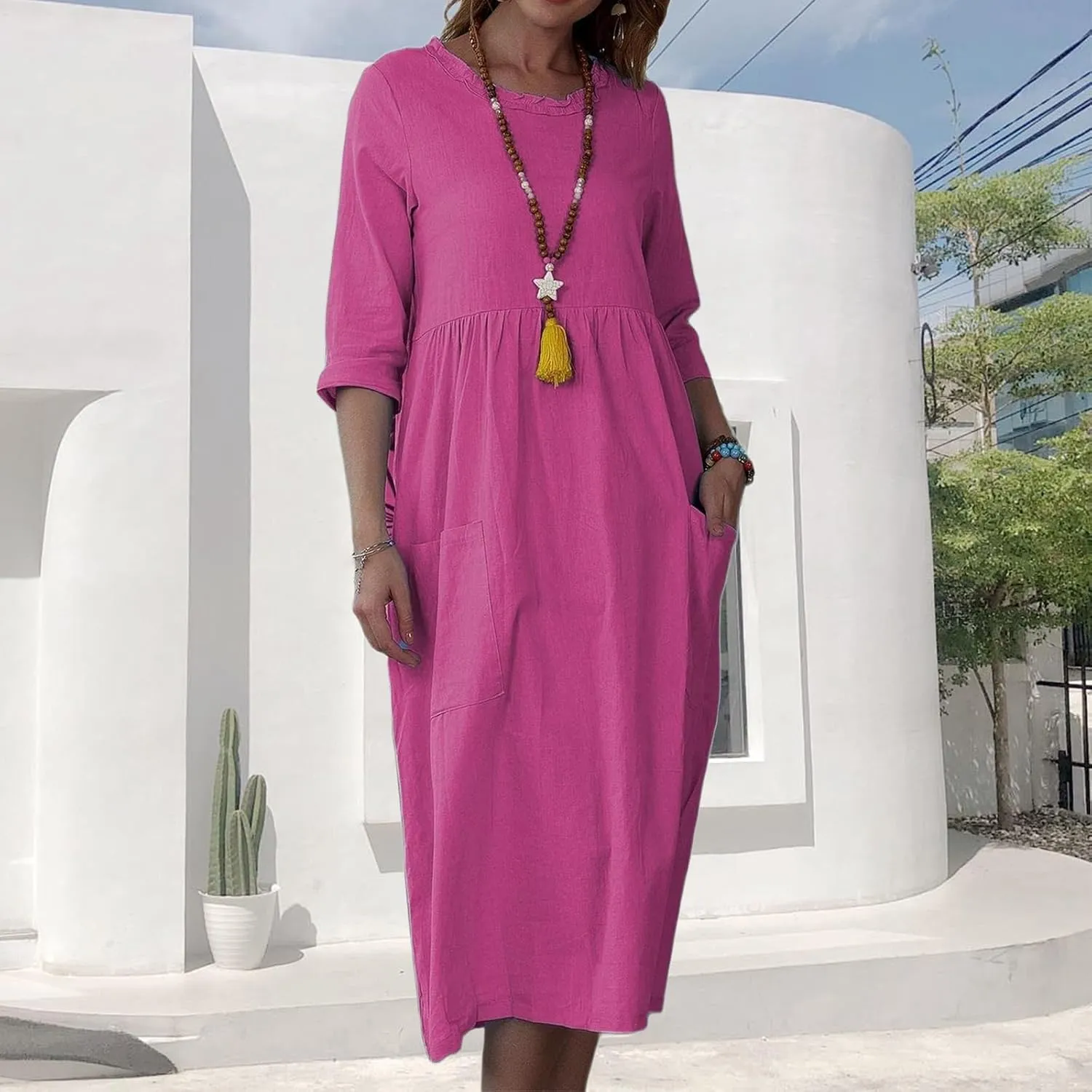 Summer Maxi Dresses for Women Casual Cotton Linen Long Dress Short Sleeve Loose Beach Sundress Tshirt Dress Pockets