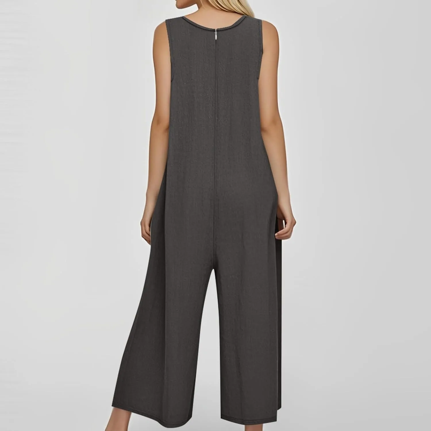 Summer Overalls for Women Casual Linen Jumpsuits One Piece Sleeveless Button Wide Leg Long Pant Rompers with Pockets