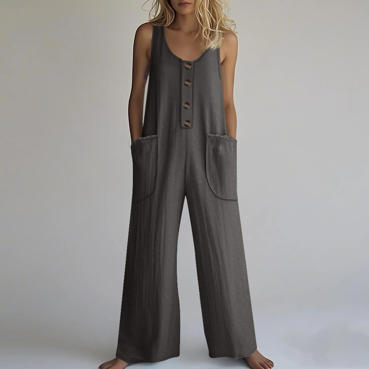 Summer Overalls for Women Casual Linen Jumpsuits One Piece Sleeveless Button Wide Leg Long Pant Rompers with Pockets
