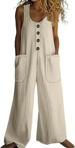 Summer Overalls for Women Casual Linen Jumpsuits One Piece Sleeveless Button Wide Leg Long Pant Rompers with Pockets