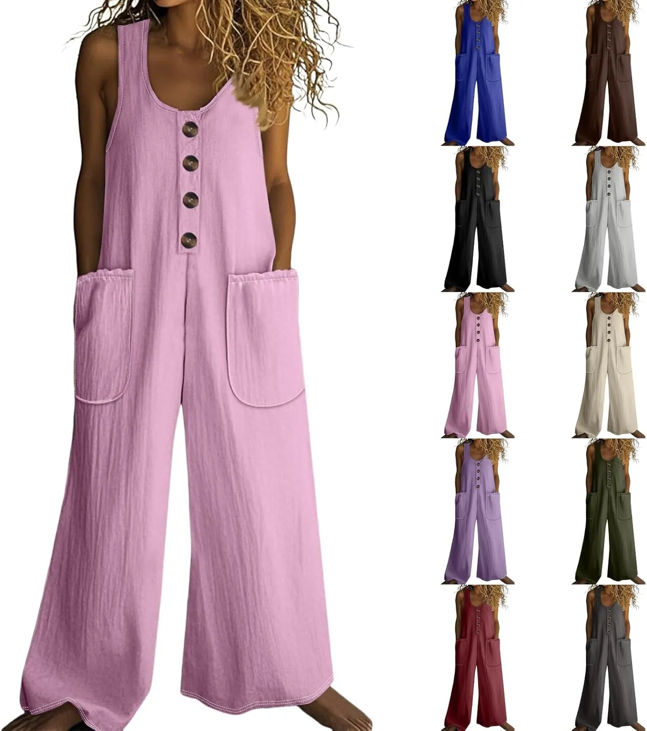 Summer Overalls for Women Casual Linen Jumpsuits One Piece Sleeveless Button Wide Leg Long Pant Rompers with Pockets