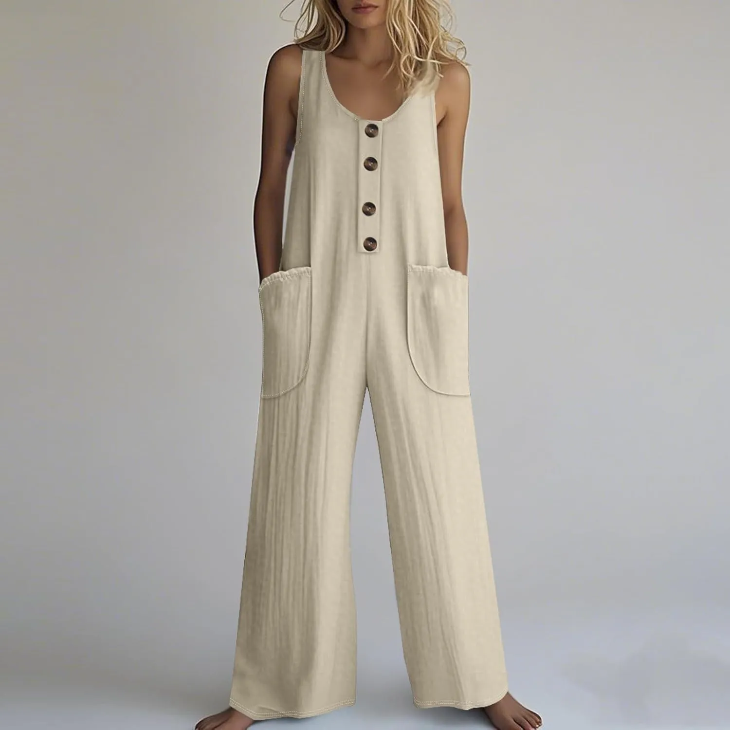 Summer Overalls for Women Casual Linen Jumpsuits One Piece Sleeveless Button Wide Leg Long Pant Rompers with Pockets