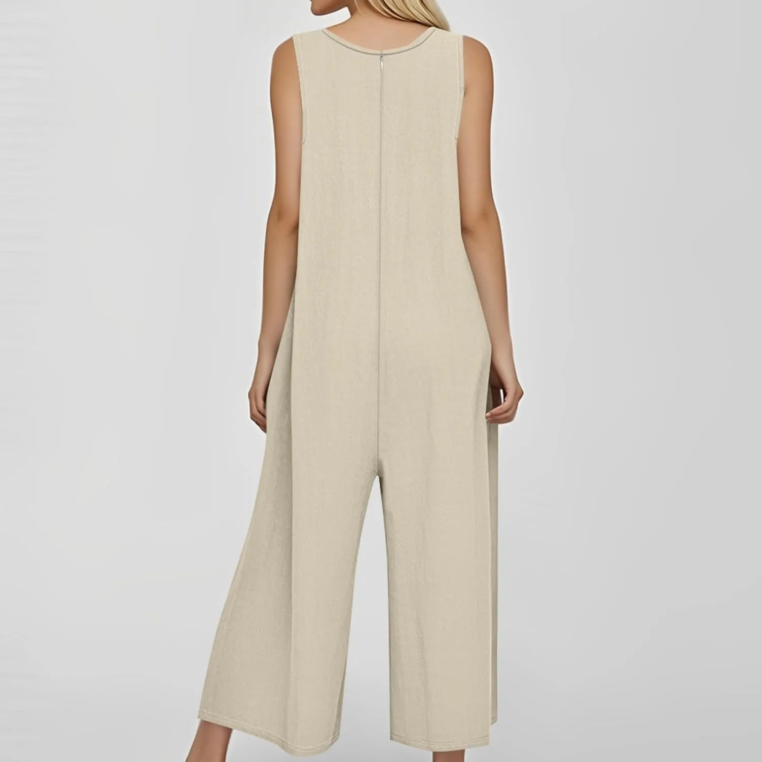 Summer Overalls for Women Casual Linen Jumpsuits One Piece Sleeveless Button Wide Leg Long Pant Rompers with Pockets