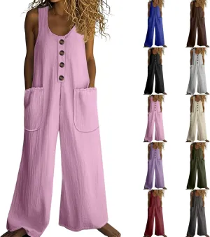 Summer Overalls for Women Casual Linen Jumpsuits One Piece Sleeveless Button Wide Leg Long Pant Rompers with Pockets