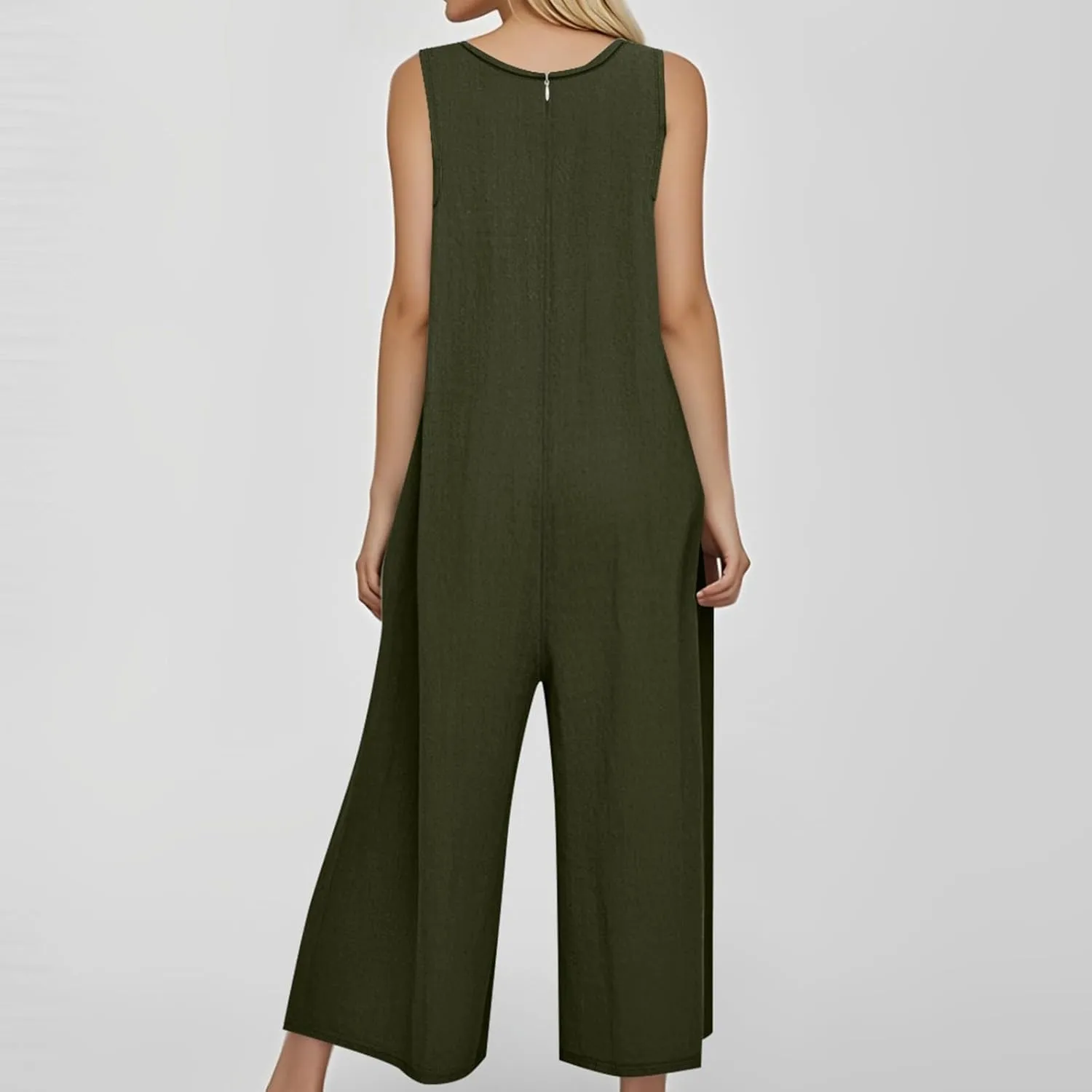Summer Overalls for Women Casual Linen Jumpsuits One Piece Sleeveless Button Wide Leg Long Pant Rompers with Pockets