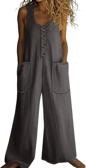 Summer Overalls for Women Casual Linen Jumpsuits One Piece Sleeveless Button Wide Leg Long Pant Rompers with Pockets