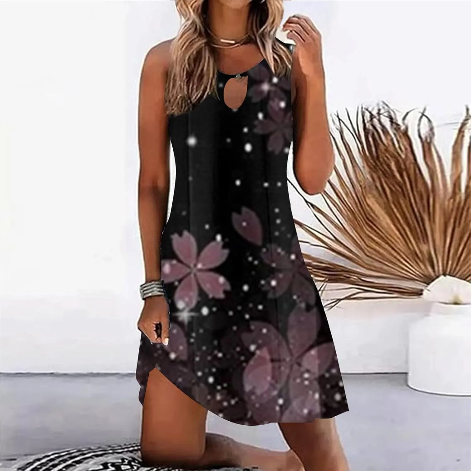 Sun Dresses for Women 2025 Summer Dress Loose V Neck Sleeveless Sundresses Swimsuit Coverup with Pockets Floral Tank Dresses