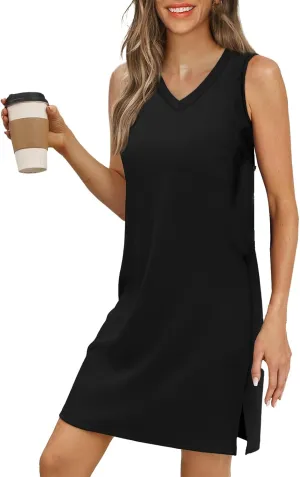 T Shirt Dresses for Women 2025 Summer Casual Mini Dress V-Neck Sleeveless Short Dress Side Split Tank Tshirt Sundress