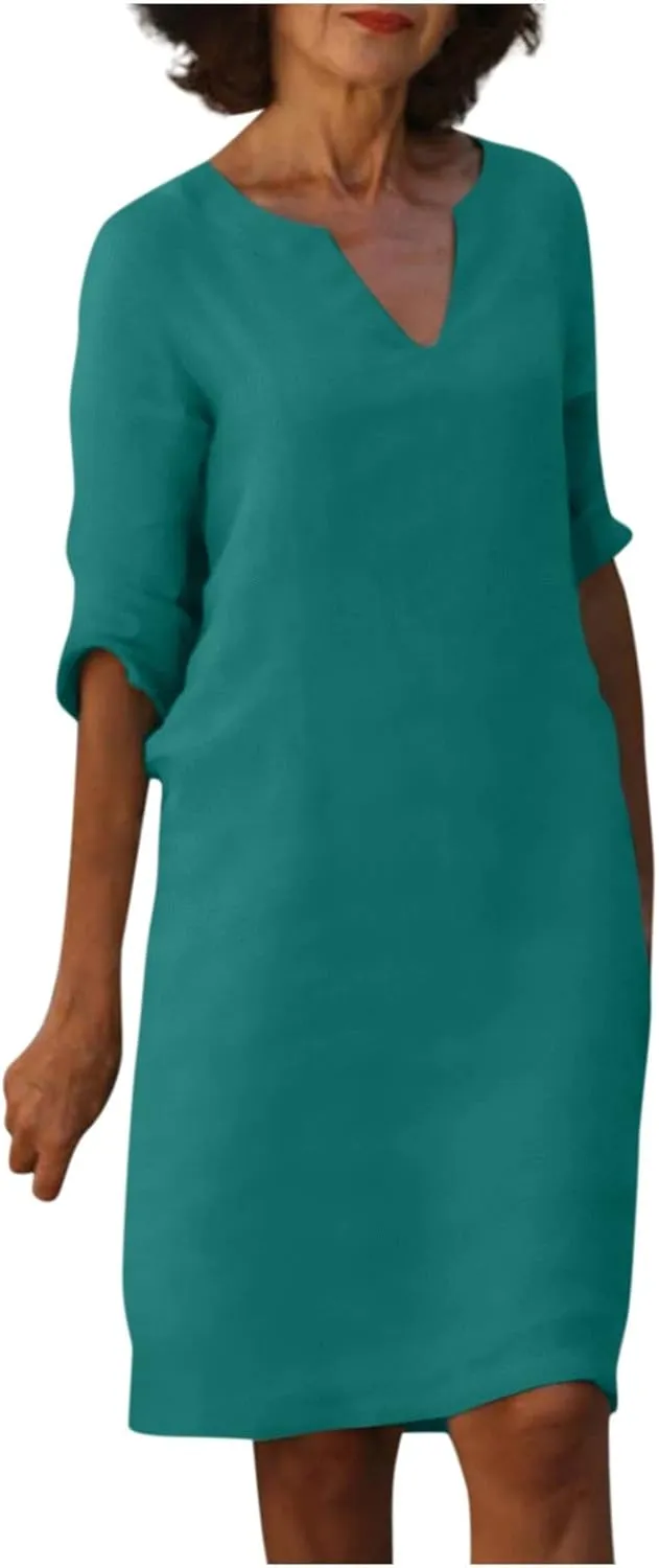 T-Shirt Dresses for Women Trendy Fall V Neck Half Sleeve Pleated Dress Womens Floral Vintage Elegant Midi Dresses