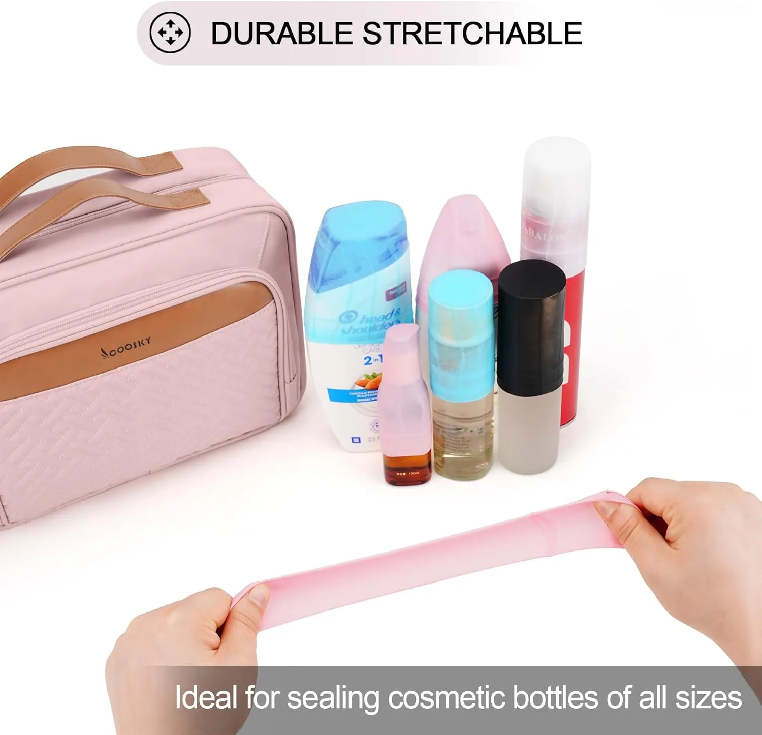 Travel Hanging Toiletry Bag for Women and Men, with 8 Leak Proofing Silicone Bottle Covers, Waterproof Makeup Accessories, Cosmetic Essentials, Toiletries Dopp Kit Set with Jewelry Organizer, Pink