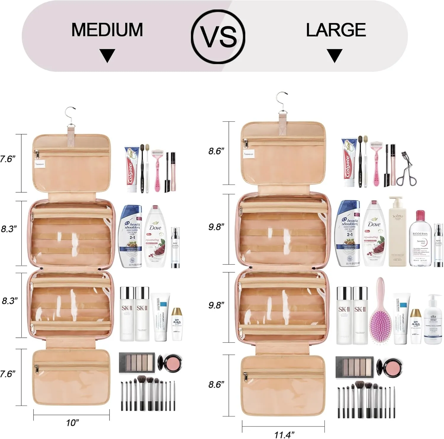 Travel Hanging Toiletry Bag for Women and Men, with 8 Leak Proofing Silicone Bottle Covers, Waterproof Makeup Accessories, Cosmetic Essentials, Toiletries Dopp Kit Set with Jewelry Organizer, Pink