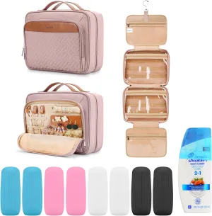 Travel Hanging Toiletry Bag for Women and Men, with 8 Leak Proofing Silicone Bottle Covers, Waterproof Makeup Accessories, Cosmetic Essentials, Toiletries Dopp Kit Set with Jewelry Organizer, Pink