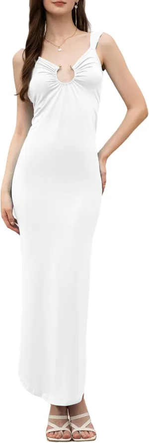 Velius Women Sexy V Neck O Ring Backless Slit Bodycon Maxi Dress