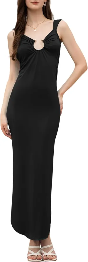 Velius Women Sexy V Neck O Ring Backless Slit Bodycon Maxi Dress
