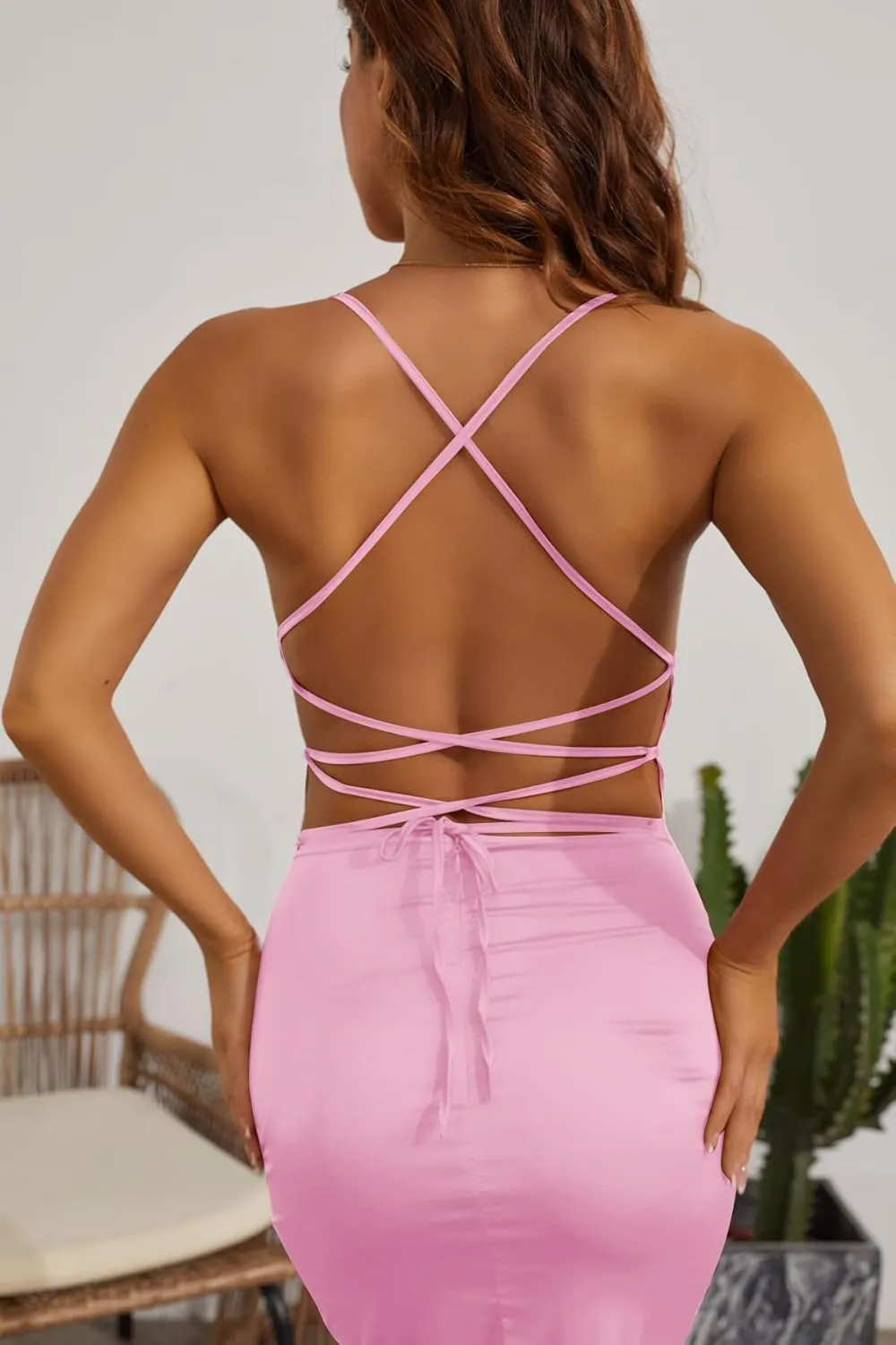 Velius Women's Sexy Spaghetti Strap Backless Lace up Bodycon Party Dress