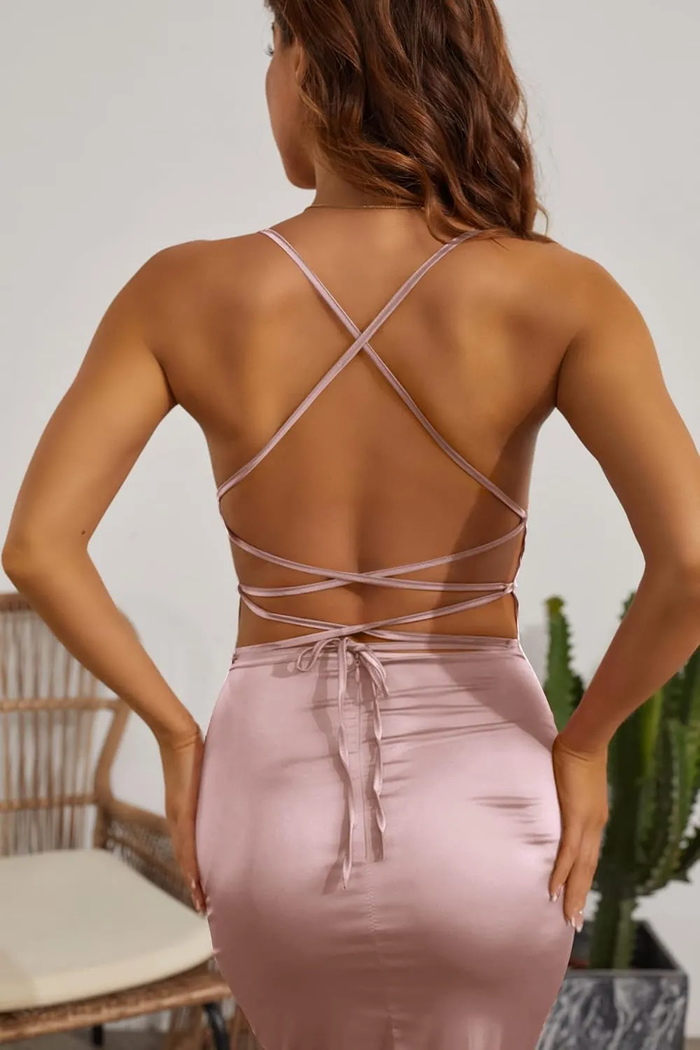 Velius Women's Sexy Spaghetti Strap Backless Lace up Bodycon Party Dress