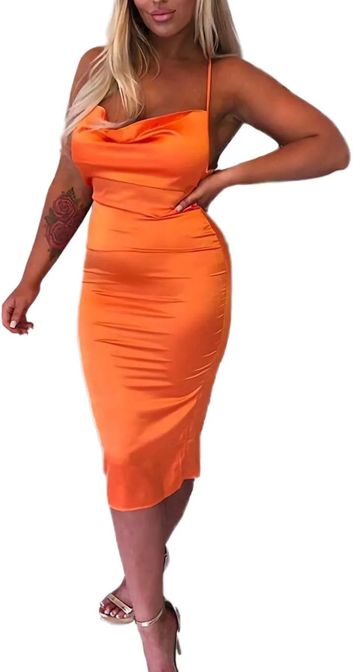 Velius Women's Sexy Spaghetti Strap Backless Lace up Bodycon Party Dress