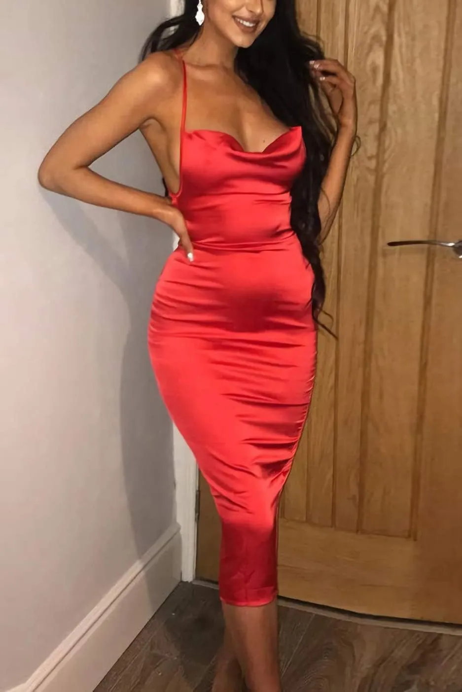 Velius Women's Sexy Spaghetti Strap Backless Lace up Bodycon Party Dress