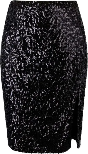 Vijiv Women's Sequin Skirt Midi High Waist Elegant Stretchy Sparkle Side Slit Pencil Skirt Party Cocktail