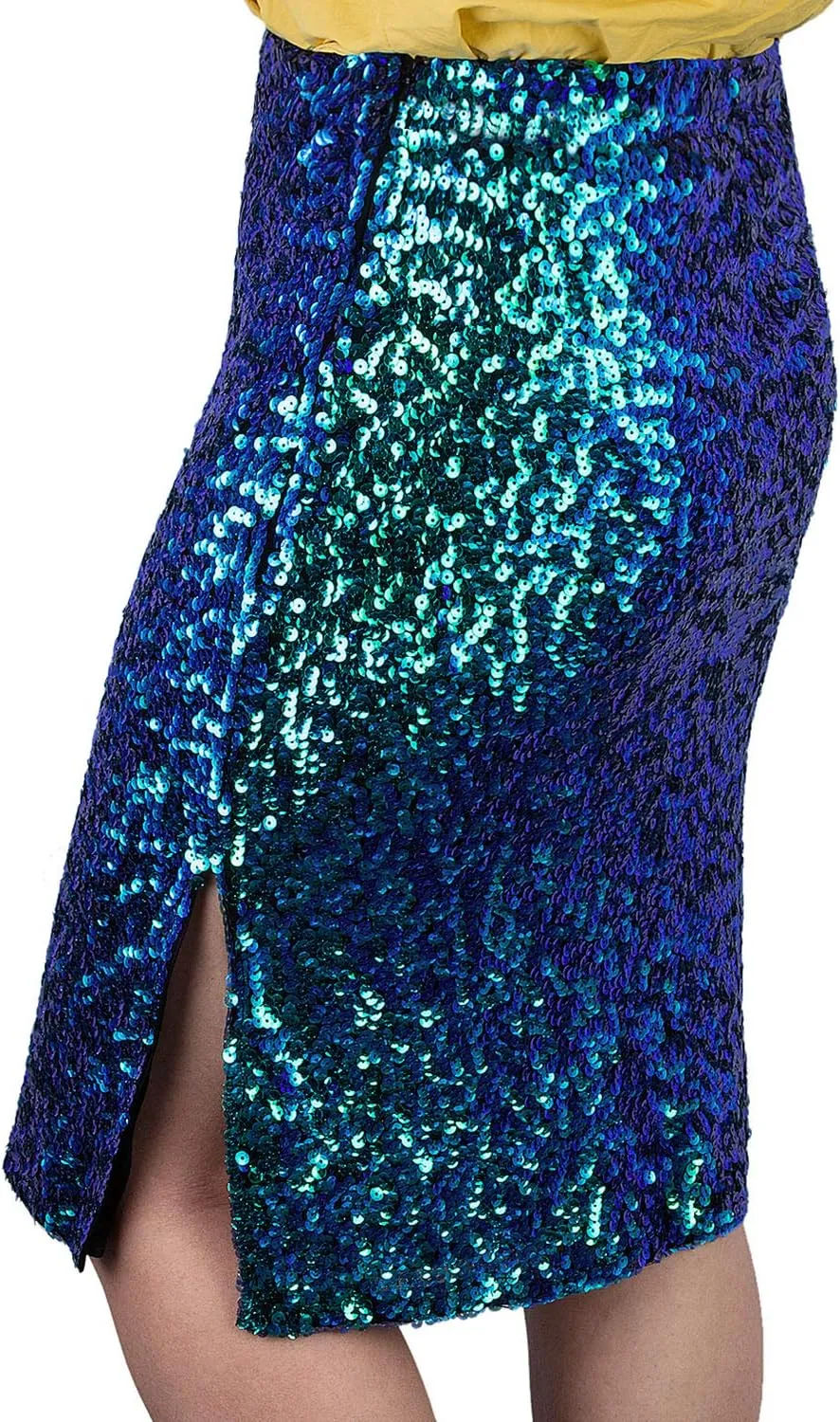 Vijiv Women's Sequin Skirt Midi High Waist Elegant Stretchy Sparkle Side Slit Pencil Skirt Party Cocktail