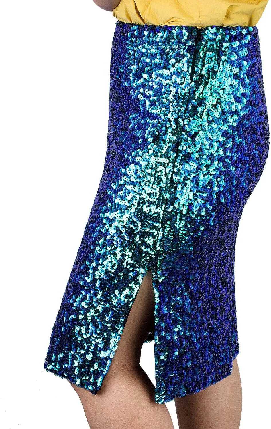 Vijiv Women's Sequin Skirt Midi High Waist Elegant Stretchy Sparkle Side Slit Pencil Skirt Party Cocktail