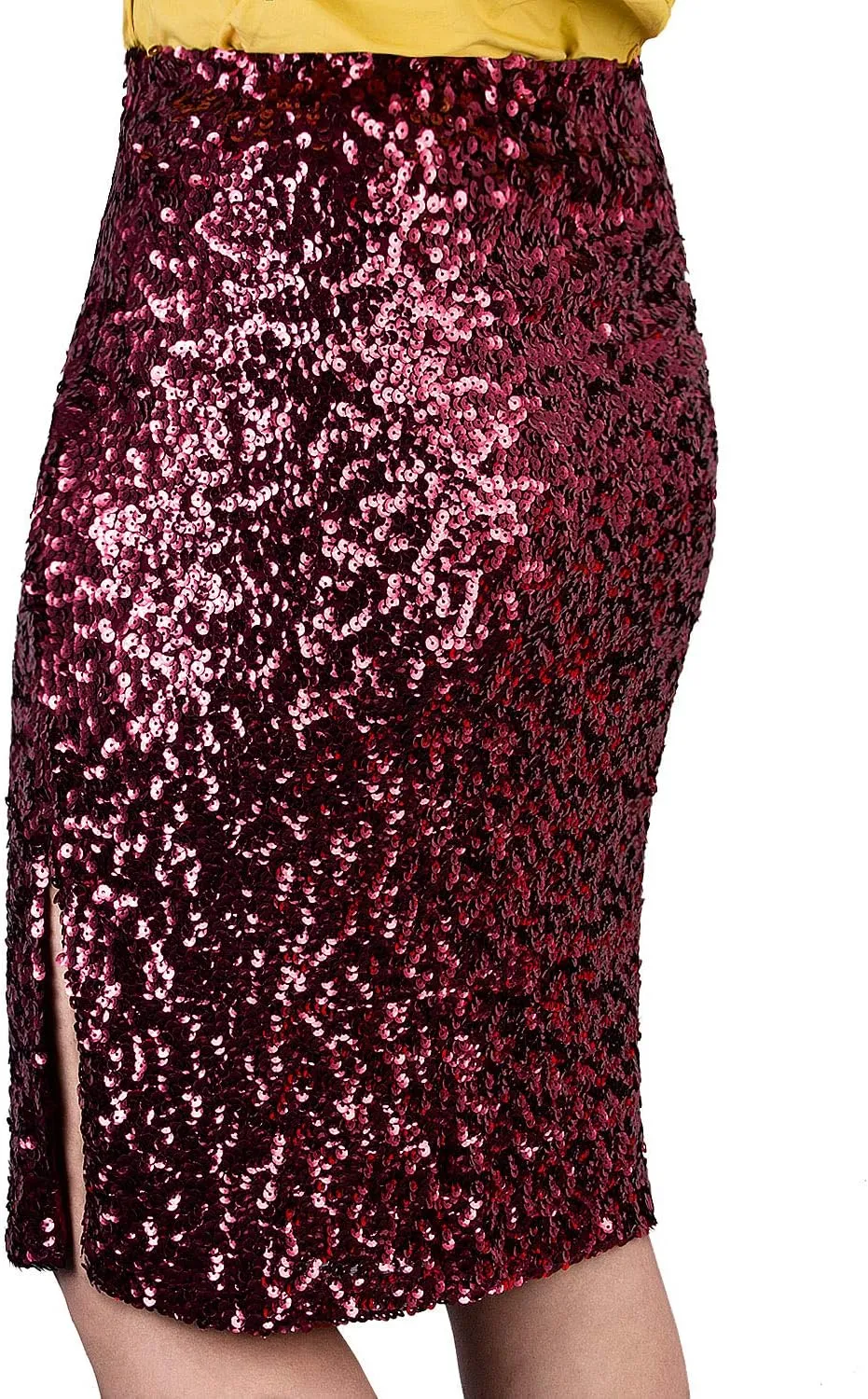 Vijiv Women's Sequin Skirt Midi High Waist Elegant Stretchy Sparkle Side Slit Pencil Skirt Party Cocktail