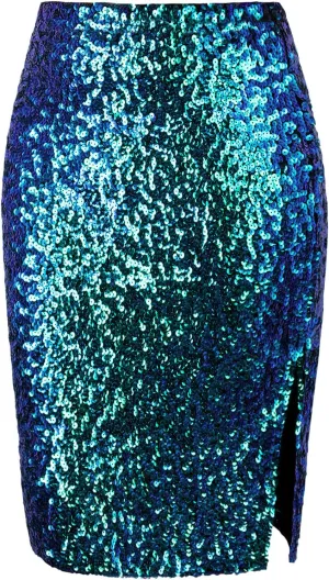 Vijiv Women's Sequin Skirt Midi High Waist Elegant Stretchy Sparkle Side Slit Pencil Skirt Party Cocktail