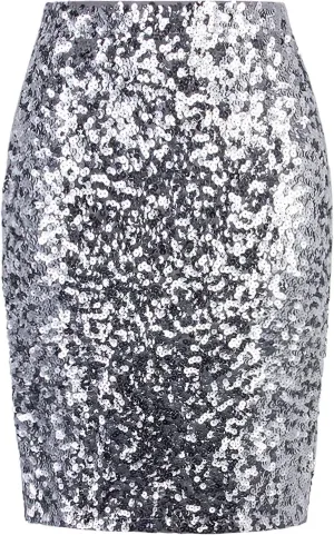 Vijiv Women's Sequin Skirt Midi High Waist Elegant Stretchy Sparkle Side Slit Pencil Skirt Party Cocktail