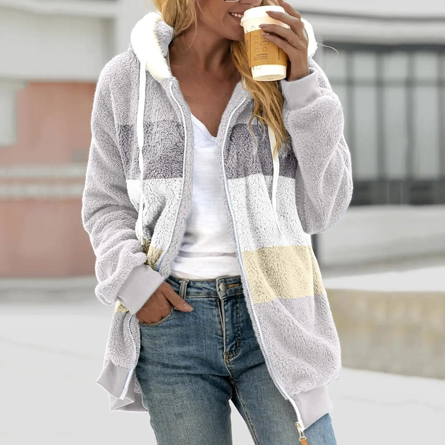 Winter Coats for Women 2024 Trendy Fuzzy Fleece Zip Up Hooded Jackets Lightweight Fluffy Sherpa Outerwear, Large