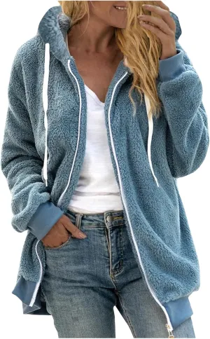 Winter Coats for Women 2024 Trendy Fuzzy Fleece Zip Up Hooded Jackets Lightweight Fluffy Sherpa Outerwear, Large