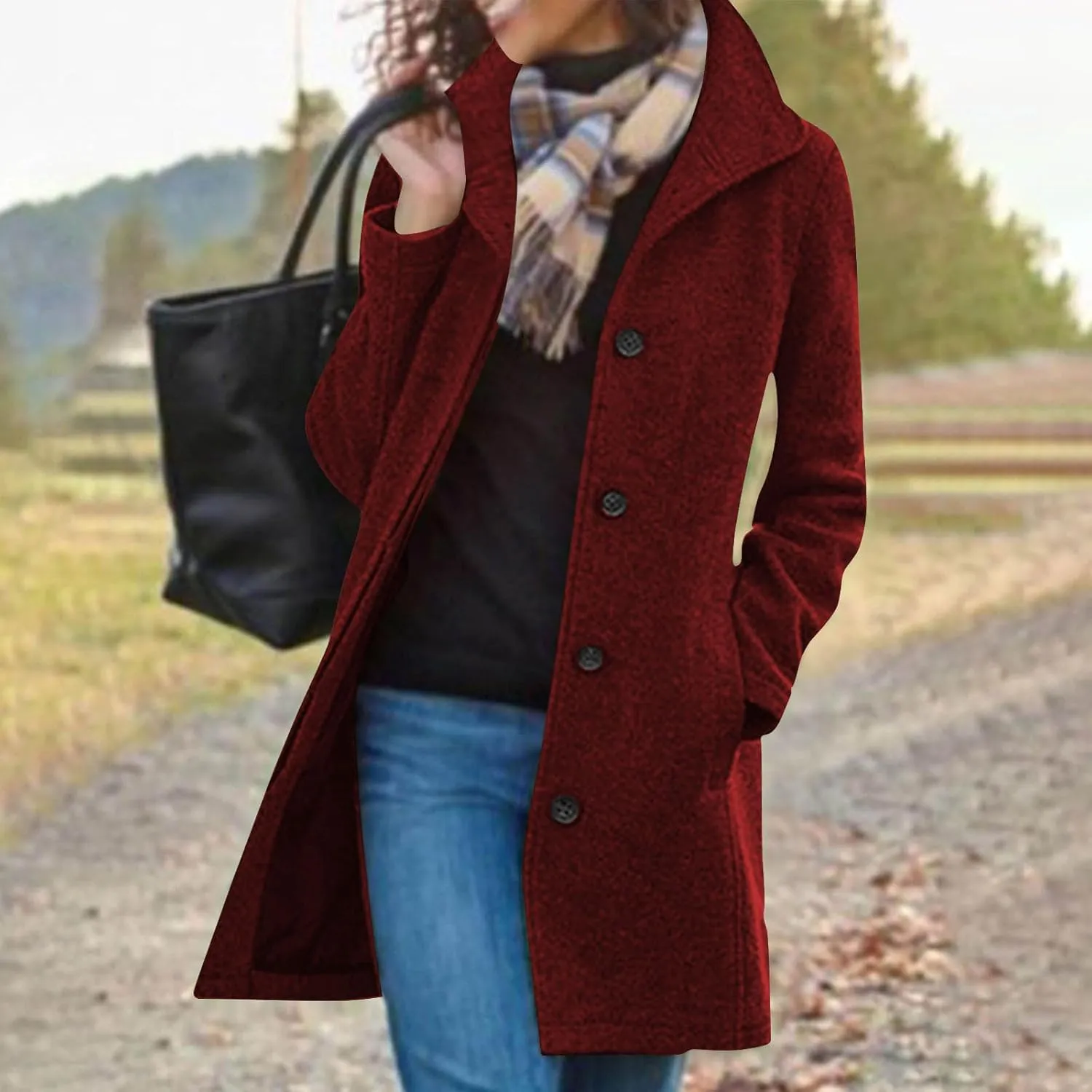 Winter Coats for Women Casual Long Sleeve Classy Wool Coats with Pockets Single-Breasted Fashion Trench Coat Outwear