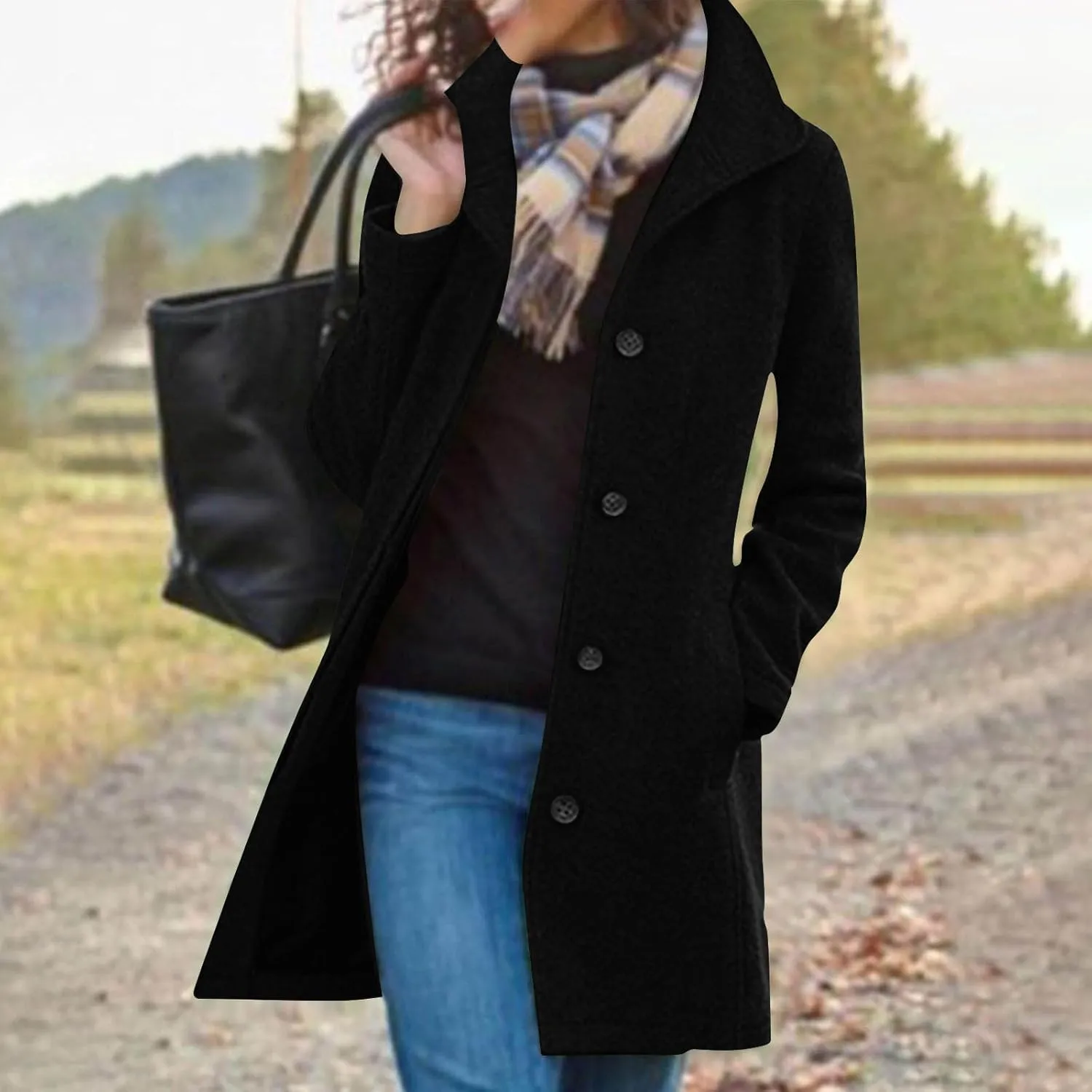Winter Coats for Women Casual Long Sleeve Classy Wool Coats with Pockets Single-Breasted Fashion Trench Coat Outwear