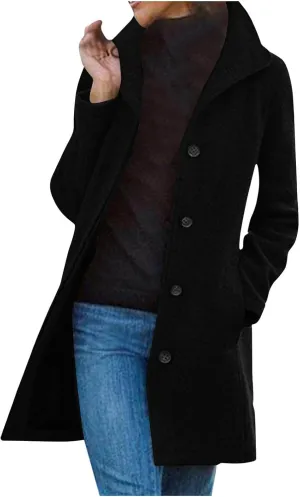 Winter Coats for Women Casual Long Sleeve Classy Wool Coats with Pockets Single-Breasted Fashion Trench Coat Outwear