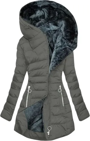 Winter Warm Fleece Lined Jackets for Women Padded Wadded Down Puffer Coats Plush Zip Up Hooded Outerwear